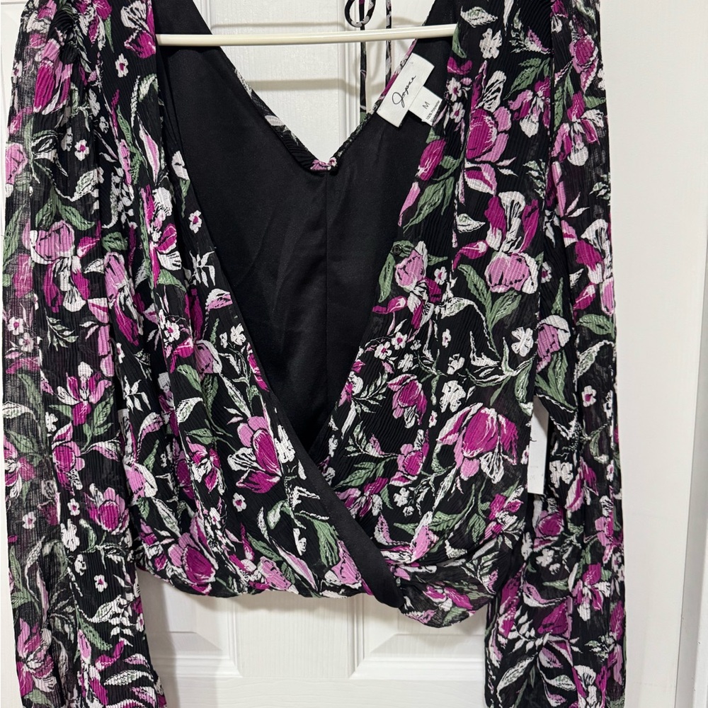 Black and Pink Floral Wrap Blouse
